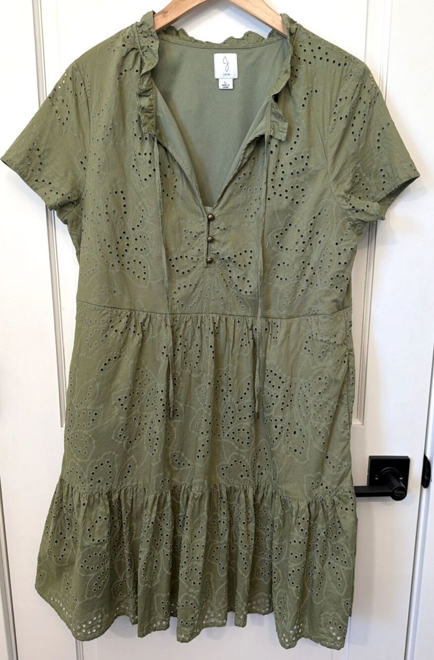Joie Women's Eyelet Ruffle Tiered Green Midi Dress L Boho Western Festival Rodeo